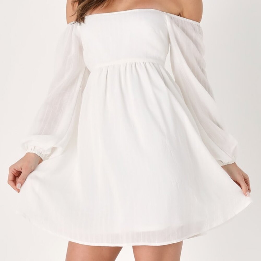 Lulus Sweet Imaginings White Off-the-shoulder Babydoll Mini Dress - Size L